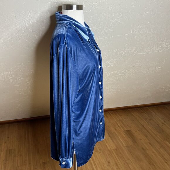 Denim & Co Velvet Tunic Top Womens Medium Blue Long Sleeve Button Down - Picture 6 of 8